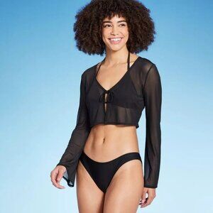 Wild Fable Size Small Black Mesh Tie Front Cropped Cardigan LS Swim Cover Up
